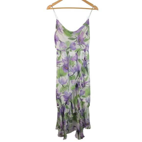 ALICE + OLIVIA White Purple Green Floral Print Cowl Neck Ruffle Slit Dress Sz 0 - Picture 2 of 13